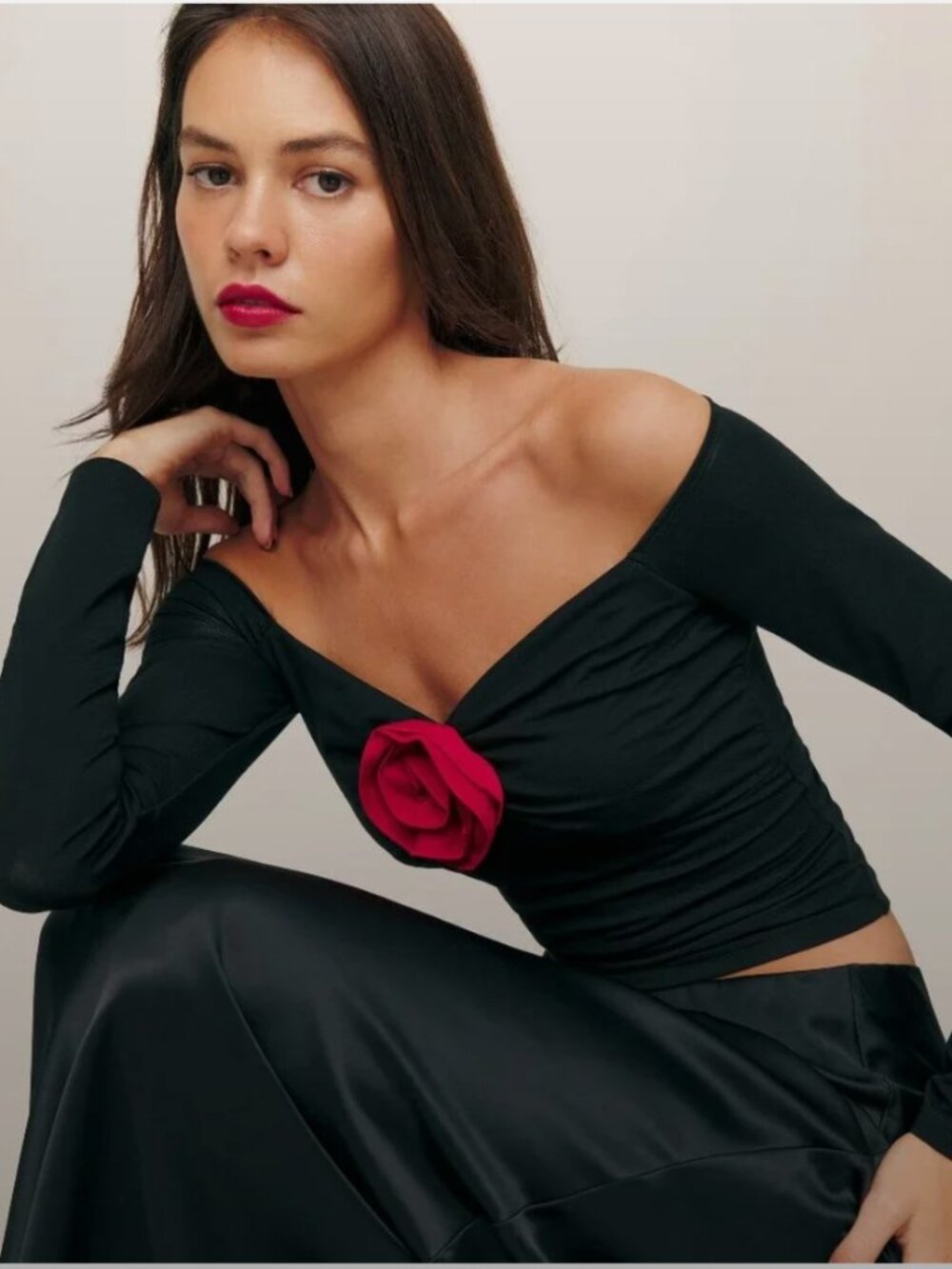 Reformation Shaye Knit Top | Black with Red Rosette | Size S | NWT